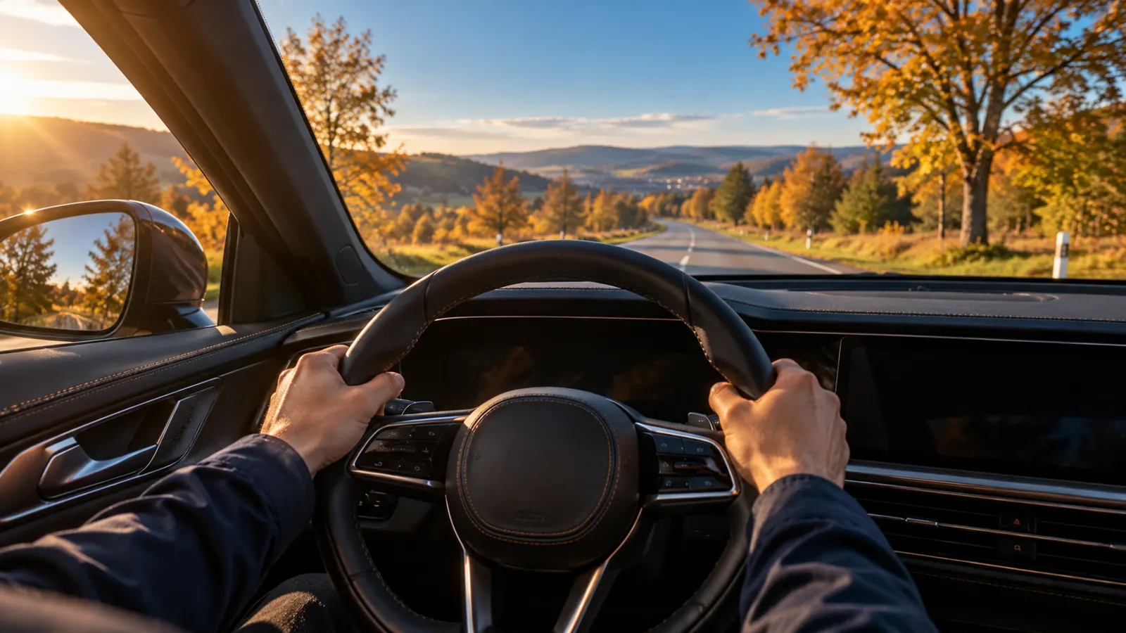 Hände am Lenkrad bei einer Probefahrt auf einer Landstraße im Herbst